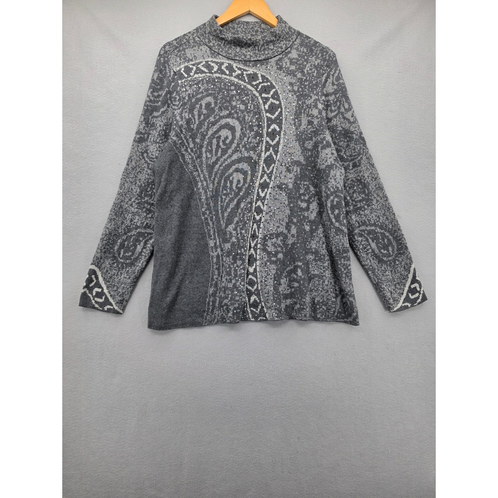 Chicos Grey Paisley Mock Neck Sweater Rhinestone Knit Top Size 3 XL Soft Classic